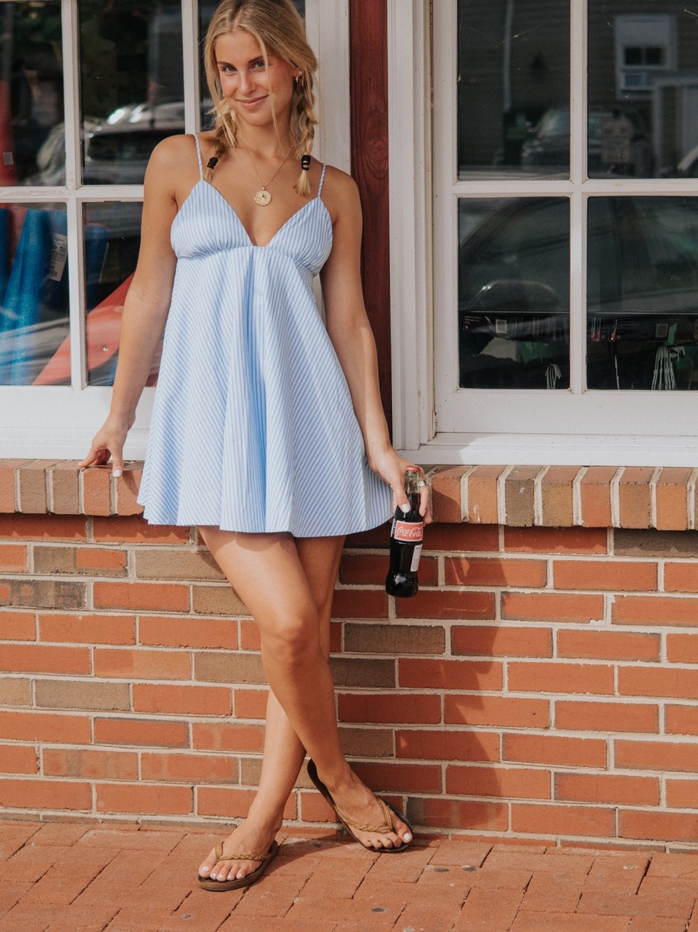 Nia Alessia Mini Dress in Light Blue Striped Spaghetti-Strap Size S NWT - Picture 1 of 7